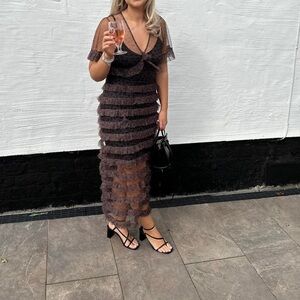 Never Fully Dressed Lucia Kate Pleated Midi Dress Leopard Print Brown/Black 16